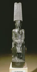 Estatua del dios Amón protegiendo a Tutankamón, egipcia, Imperio Nuevo, c. 1347-37 a. C.